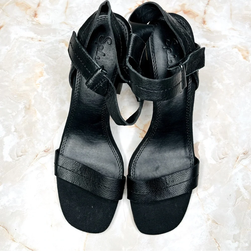 SPLENDID BLACK LEATHER STRAPPY SANDAL, Velcro Ankle Strap, Wood Block Heel